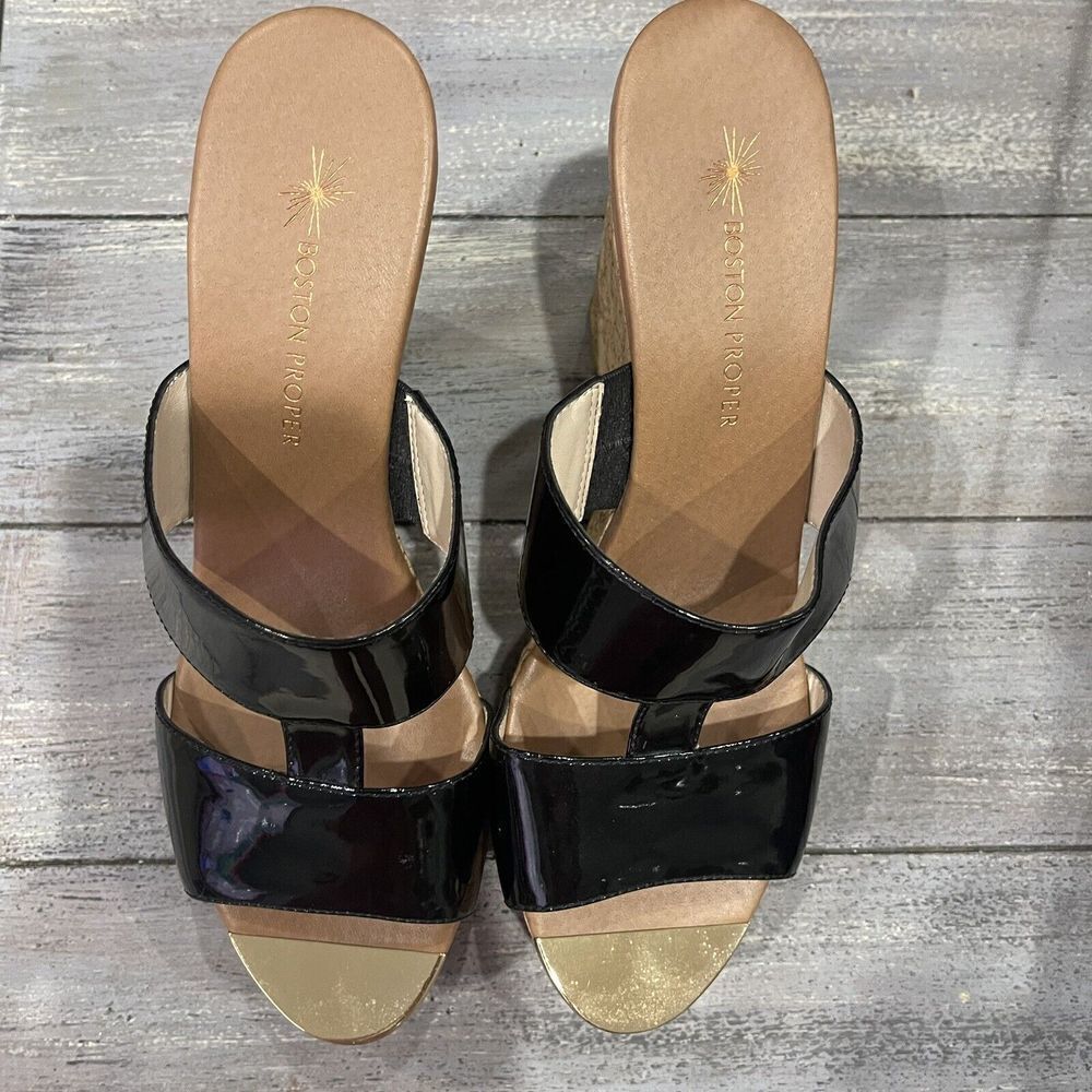 Boston Proper Cork Wedge Heels Size 8.5 M Patent Faux Leather Gold Toe Club